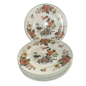 8 Vintage Wedgwood Eastern Flowers Dinner Plates Multi Color w/ Green Rim 10 3/8